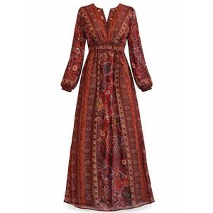 Ranna Gill Red Boho/Retro Vibe Printed Maxi Dress Long Sleeve - Size 0